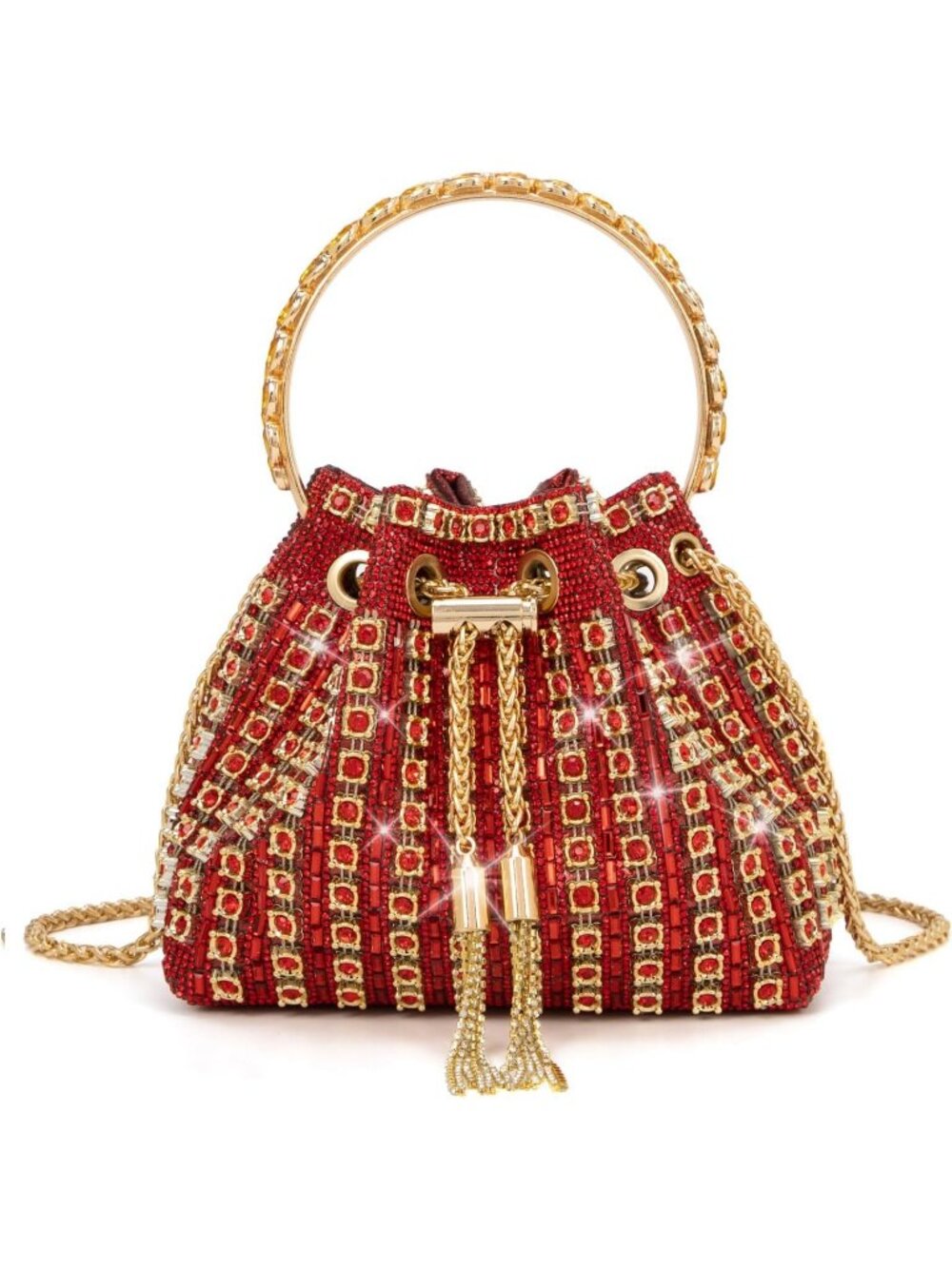 Women's Red Sparkly Rhinestone Clutch Purse Bucket Evening Bag with Chain